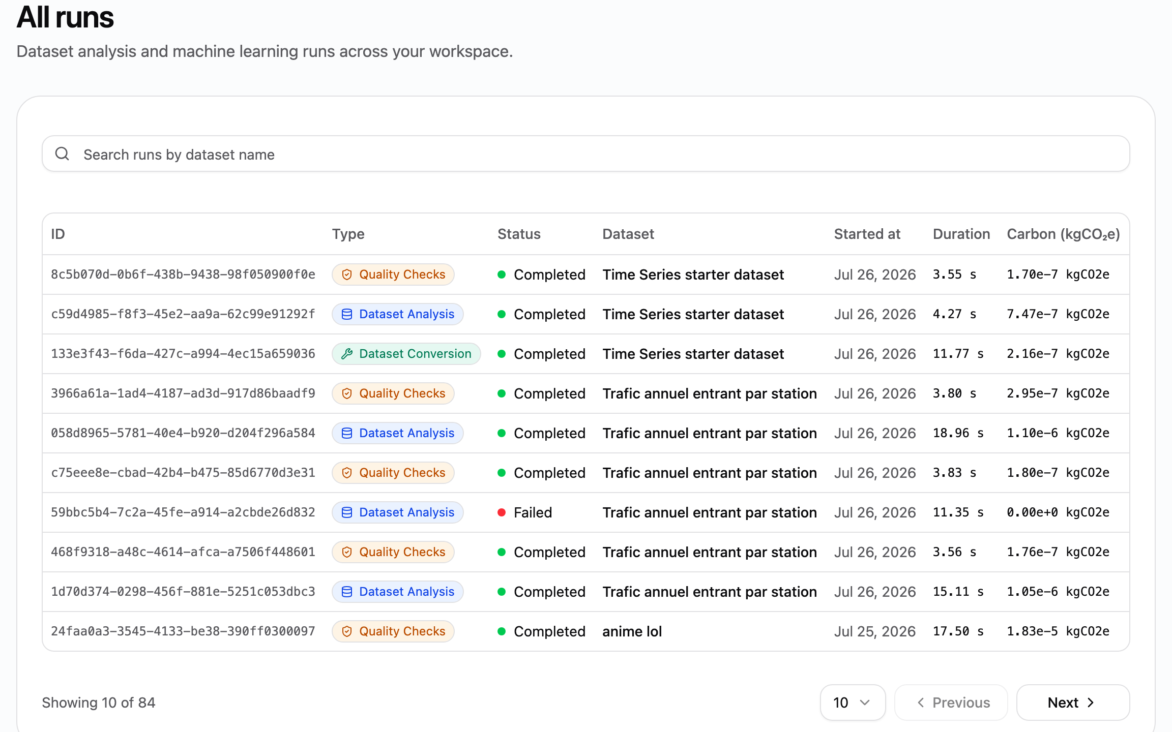 Runs list with status and carbon in Eida