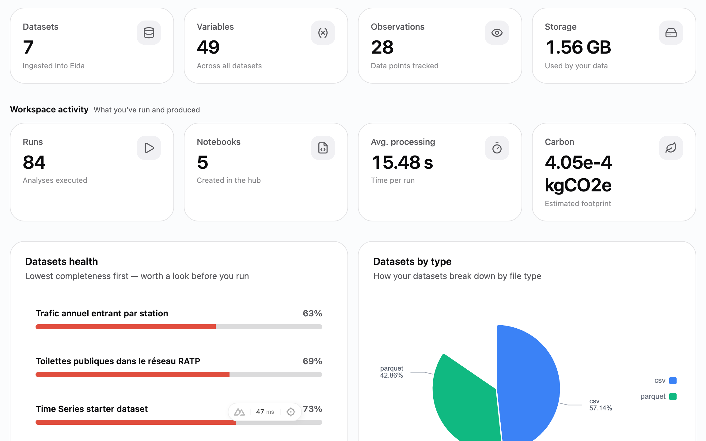Eida overview — datasets, runs, and workspace activity
