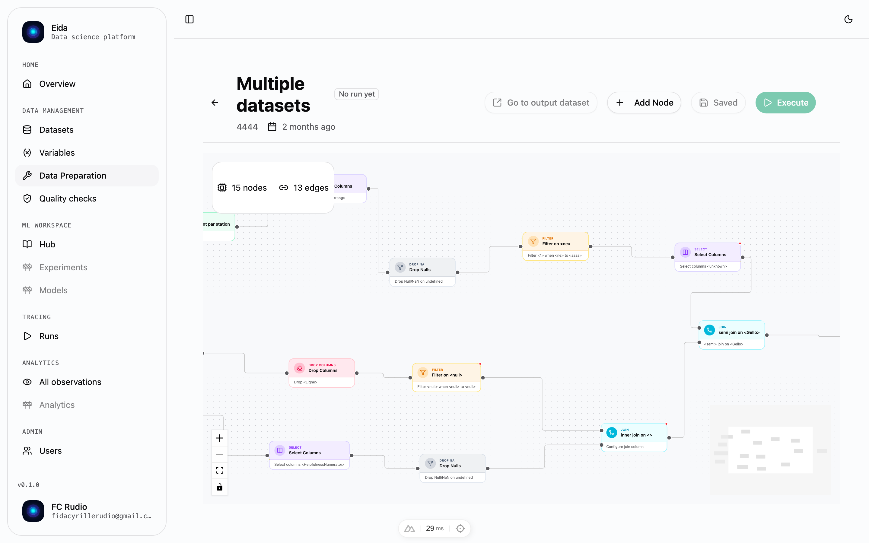 Pipeline canvas with transform nodes in Eida